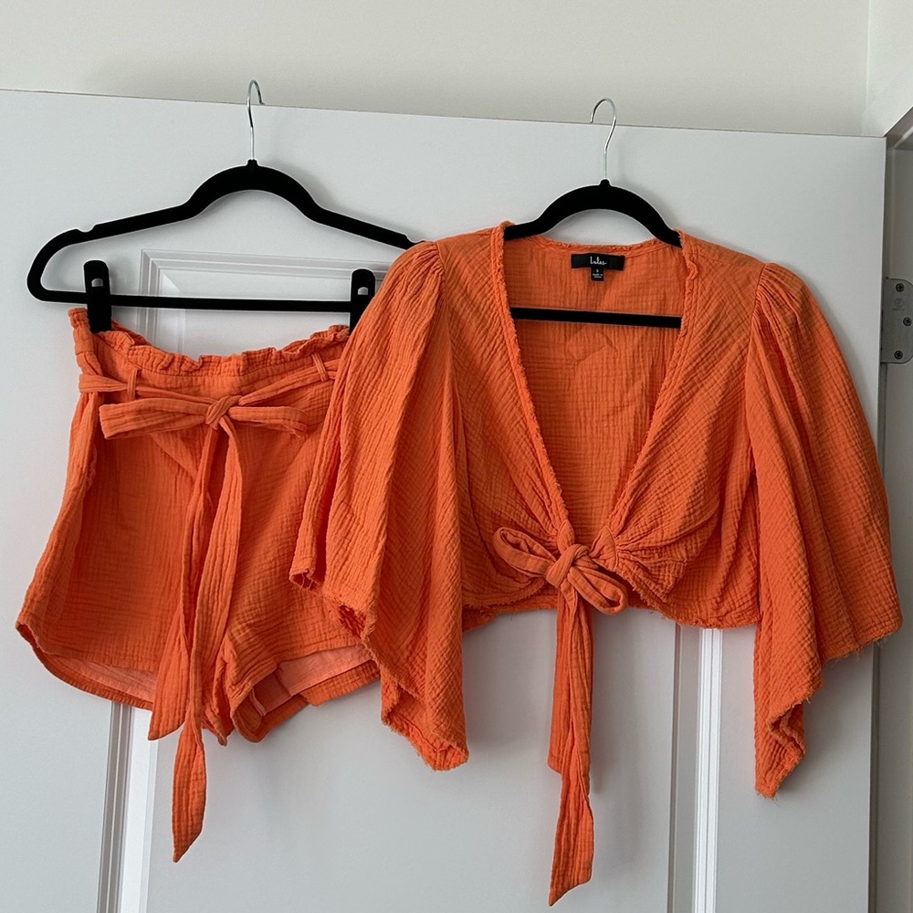 Lulu's TWO PIECE SET Orange Tie-Front Top and Shorts